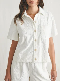 Women Faherty Brand Cabana Towel Terry Short Sleeve Button Up -