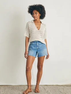 Women Faherty Brand Nusa Crochet Polo Sweater -