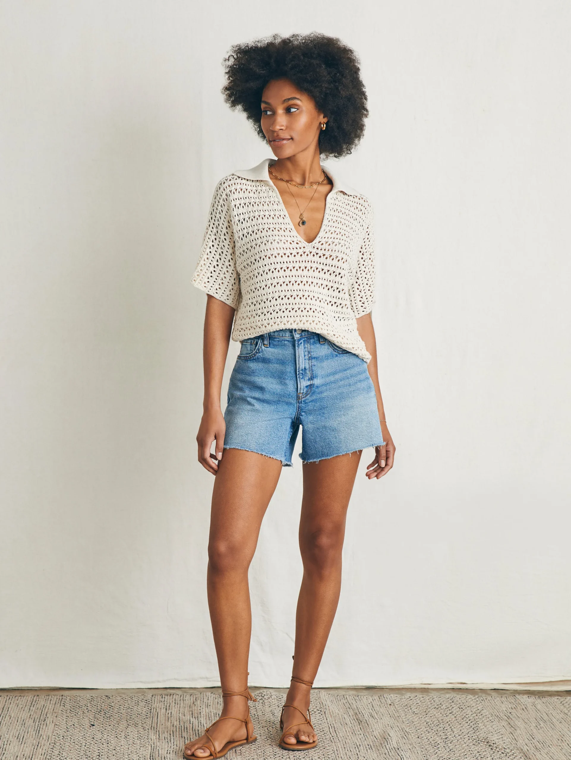 Women Faherty Brand Nusa Crochet Polo Sweater -