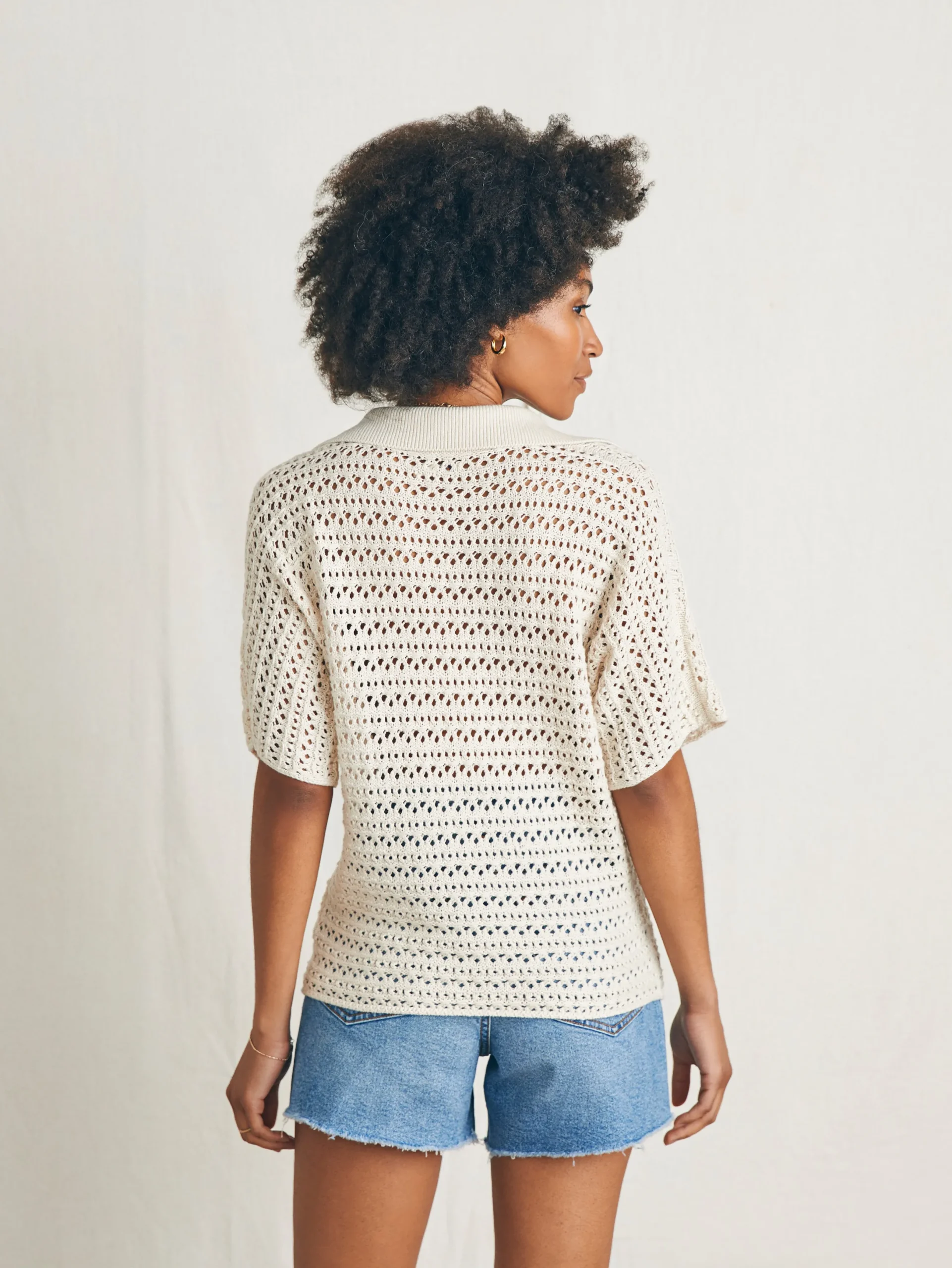 Women Faherty Brand Nusa Crochet Polo Sweater -